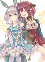 Rule 34 | 2girls, :d, atelier (series), atelier sophie, atelier sophie 2, blush, breasts, coat, frills, green eyes, hair ornament, hani (udauda), highres, jewelry, long hair, long sleeves, medium breasts, multiple girls, necklace, open mouth, plachta, red hair, short hair, skirt, smile, sophie neuenmuller, thighhighs
