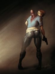 Rule 34 | 1girl, 2022, ass, black footwear, black gloves, black pants, blonde hair, blue shirt, body horror, boots, breasts, crest, cybil bennett, devilhs, finger on trigger, from behind, full body, gloves, gun, handgun, highres, holding, holding gun, holding weapon, horror (theme), knee boots, large breasts, leather, leather pants, looking back, lowleg, lowleg pants, no pupils, panties, pants, parasite, pistol, police, police uniform, policewoman, shirt, short hair, short sleeves, signature, silent hill (series), silent hill 1, solo, spoilers, thick thighs, thighs, turning head, underwear, uniform, very short hair, weapon, white panties
