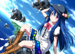 Rule 34 | 1girl, bad id, bad pixiv id, belt boots, blue hair, blue sky, boots, bow, cloud, cross-laced footwear, day, dutch angle, female focus, floating rock, food, fruit, hand on headwear, hat, hinanawi tenshi, knee boots, lace-up boots, long hair, looking at viewer, nori tamago, ocean, peach, pink eyes, puffy sleeves, rock, rope, shimenawa, shirt, short sleeves, sitting, sitting on rock, skirt, sky, solo, touhou, very long hair
