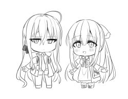 Rule 34 | 2girls, :d, ahoge, blush, bow, chibi, chihuri, closed mouth, collared shirt, dress, ear piercing, greyscale, hair between eyes, hair bow, hair ribbon, highres, jacket, long hair, long sleeves, looking at viewer, monochrome, multiple girls, necktie, open clothes, open jacket, open mouth, original, piercing, ponytail, ribbon, shirt, short shorts, shorts, simple background, sleeveless, sleeveless dress, smile, standing, very long hair, white background, yana (chihuri), zoya petrovna vecheslova