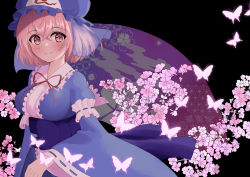 Rule 34 | 1girl, armband, blue headwear, blue kimono, blush, breasts, bug, butterfly, center frills, cherry blossoms, closed mouth, crossed bangs, dark background, flower, frilled shirt collar, frills, glowing butterfly, hair between eyes, highres, insect, japanese clothes, kimono, large breasts, looking at viewer, obi, onabe no shime, pink eyes, pink flower, pink hair, red neckwear, red ribbon, ribbon, ribbon-trimmed sleeves, ribbon trim, saigyouji yuyuko, sash, short hair, smile, solo, touhou, triangular headpiece, upper body, wide sleeves