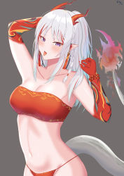 Rule 34 | 1girl, :p, absurdres, arknights, arm up, bandeau, bare shoulders, bead bracelet, beads, blush, bracelet, braid, breasts, cleavage, collarbone, commentary, elina (eri15), grey background, hand up, highres, horns, jewelry, long hair, looking at viewer, medium breasts, midriff, navel, nian (arknights), panties, purple eyes, red panties, silver hair, simple background, single braid, solo, stomach, strapless, tail, tongue, tongue out, tube top, underwear, upper body