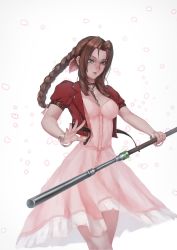 Rule 34 | 1girl, absurdres, aerith gainsborough, bluecup, bolo tie, bow, bracelet, braid, breasts, brown hair, cropped jacket, dress, final fantasy, final fantasy vii, final fantasy vii remake, glowing, glowing petals, green eyes, hair bow, highres, jacket, jewelry, looking at viewer, materia, necklace, petals, pink dress, red jacket, serious, simple background, solo, staff, weapon