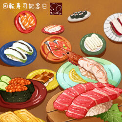 Rule 34 | artist logo, cucumber, cucumber slice, fish (food), food, food focus, fruit, highres, ikura (food), lemon, lemon slice, no humans, original, plate, rice, shrimp, sushi, tray, yuki00yo