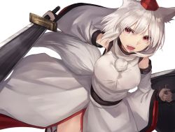 Rule 34 | 1girl, animal ear fluff, animal ears, bare shoulders, breasts, commentary request, detached sleeves, fangs, hat, holding, holding shield, holding sword, holding weapon, inubashiri momiji, large breasts, long sleeves, looking at viewer, open mouth, pom pom (clothes), red eyes, sandals, shield, shirt, short hair, side slit, silver hair, simple background, skirt, skirt set, socks, solo, sword, tail, thkani, tokin hat, touhou, weapon, white background, white shirt, white skirt, white socks, wide sleeves, wolf ears, wolf tail