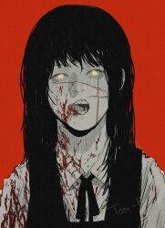 Rule 34 | 1girl, absurdres, blood, blood on clothes, blood on face, chainsaw man, commentary, cross scar, facial scar, fourth east high school uniform, greyscale with colored background, highres, long hair, portrait, red background, scar, scar on cheek, scar on face, school uniform, signature, solo, spot color, tom-box, yellow eyes, yoru (chainsaw man)