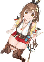 Rule 34 | 1girl, atelier (series), atelier ryza, belt, breasts, brown eyes, brown hair, cleavage, conto, earrings, gloves, hair ornament, hairclip, hat, highres, jewelry, large breasts, looking at viewer, medium breasts, necklace, red shorts, reisalin stout, short hair, short shorts, shorts, simple background, smile, solo, star (symbol), thick thighs, thighhighs, thighs, vial, white background, white hat