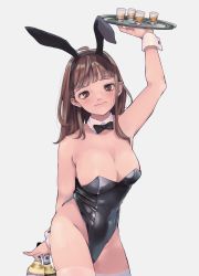 Rule 34 | 1girl, absurdres, alcohol, animal ears, arm up, bare arms, black bow, black bowtie, black leotard, blunt bangs, bottle, bow, bowtie, breasts, brown eyes, brown hair, cleavage, commentary request, cowboy shot, cup, detached collar, drinking glass, fake animal ears, grey background, highres, holding, holding bottle, holding tray, large breasts, leotard, long hair, looking at viewer, love okome95, original, playboy bunny, rabbit ears, shot glass, simple background, solo, thighhighs, tray, wrist cuffs