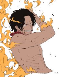 Rule 34 | 1boy, arm up, bead bracelet, beads, black eyes, black hair, bracelet, fire, freckles, grin, highres, jewelry, male focus, one piece, portgas d. ace, smile, solo, topless male, ufkqz, white background