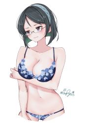 Rule 34 | 1girl, black hair, blue bra, blue hairband, blue panties, bra, breasts, cleavage, collarbone, cowboy shot, cropped legs, dated, glasses, grey eyes, haggy, hairband, highres, kantai collection, kirishima (kancolle), looking to the side, navel, one-hour drawing challenge, panties, short hair, signature, simple background, solo, underwear, underwear only, white background