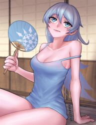 Rule 34 | 1girl, artist name, bare legs, blue camisole, blue eyes, breasts, camisole, fanning self, hand fan, hand on floor, highres, holding, holding fan, hot, long hair, loose clothes, medium breasts, mofu1724, rwby, scar, scar across eye, snowflake print, strap slip, sweat, thighs, weiss schnee, white hair