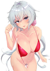 Rule 34 | 1girl, ahoge, bare shoulders, bent over, bikini, blush, bottomless, breasts, collarbone, colored pubic hair, covered erect nipples, female pubic hair, highres, large breasts, long hair, looking at viewer, low twintails, navel, open mouth, pubic hair, purple eyes, pussy, red bikini, scrunchie, senki zesshou symphogear, silver hair, simple background, skindentation, solo, swimsuit, twintails, untied bikini, user aehu7343, white background, yukine chris