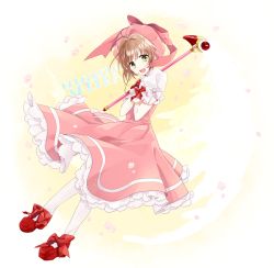 Rule 34 | 1990s (style), 1girl, :d, bad id, bad pixiv id, bow, brown hair, cardcaptor sakura, copyright name, dress, footwear bow, full body, fuuin no tsue, glove bow, gloves, green eyes, hat, kinomoto sakura, looking at viewer, magical girl, open mouth, pink dress, pink hat, puffy short sleeves, puffy sleeves, red bow, red footwear, retro artstyle, shoes, short hair, short sleeves, smile, staff, strsouko, thighhighs, wand, white gloves, white thighhighs