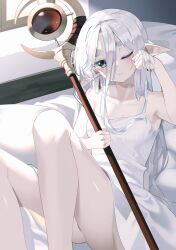 Rule 34 | 1girl, bare shoulders, bed, blush, breasts, closed mouth, collarbone, dress, elf, frieren, hand up, highres, holding, holding staff, indoors, kanzi, long hair, mage staff, messy hair, on bed, one eye closed, pointy ears, sitting, small breasts, solo, sousou no frieren, spaghetti strap, staff, thick eyebrows, thighs, white dress