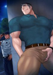 Rule 34 | 2boys, absol (dkqthf), bara, black hair, bulge, collared shirt, crotch grab, feet out of frame, hat, highres, large pectorals, leather, leather belt, looking at another, male focus, male masturbation, manly, masturbation, masturbation through clothes, mature male, multiple boys, muscular, muscular male, night, night sky, original, outdoors, pants, pectorals, police, police uniform, shirt, short hair, short sleeves, sky, smile, spiked hair, thick arms, thick eyebrows, thick thighs, thighs, tongue, tongue out, tree, undercut, uniform, veins, veiny arms