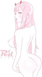 Rule 34 | 1girl, ass, breasts, from behind, hair over shoulder, highres, horns, huge ass, long hair, looking at viewer, medium breasts, nipples, oni, oni horns, over shoulder, perky breasts, pink hair, r3dfive, tongue, tongue out, very long hair, zero two (darling in the franxx)