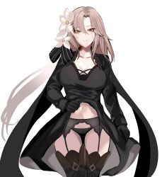 Rule 34 | 1girl, absurdres, aug (girls&#039; frontline), bad id, bad pixiv id, black dress, black footwear, black gloves, black panties, boots, breasts, clothes lift, cowboy shot, dress, dress lift, flower, garter belt, girls&#039; frontline, gloves, hair flower, hair ornament, highres, large breasts, lifted by self, light brown hair, long hair, long sleeves, loveu, mole, mole under eye, panties, solo, thigh boots, thighhighs, underwear, very long hair, white flower