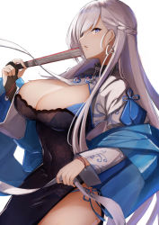 Rule 34 | 1girl, absurdres, alternate costume, azur lane, belfast (azur lane), belfast (iridescent rosa) (azur lane), belfast (iridescent rosa) (azur lane), blue eyes, blush, braid, breasts, chain, china dress, chinese clothes, collar, dress, earrings, folded fan, folding fan, hand fan, highres, holding, holding fan, jewelry, large breasts, long hair, looking at viewer, panties, pnatsu, ring, side-tie panties, silver hair, simple background, solo, thighhighs, underwear, white background, white thighhighs