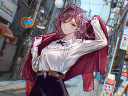 Rule 34 | 1girl, absurdres, black skirt, blue sky, brown hair, city, closed mouth, cocona w, green eyes, hair ornament, highres, jacket, long hair, long sleeves, looking at viewer, outdoors, red jacket, road sign, rosa (tears of themis), shirt, sign, skirt, sky, smile, solo, tears of themis, white shirt