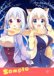 Rule 34 | 2girls, :d, ahoge, animal ears, aoi yun, blue dress, blue eyes, blush, breasts, brown skirt, cat ears, claw pose, dress, fang, hair between eyes, hand up, hands up, high-waist skirt, jacket, large breasts, long hair, long sleeves, multiple girls, open clothes, open jacket, open mouth, orange scarf, original, puffy long sleeves, puffy sleeves, purple jacket, rabbit ears, red eyes, sample watermark, scarf, shared clothes, shared scarf, shirt, skirt, sleeveless, sleeveless dress, sleeves past wrists, smile, very long hair, watermark, white hair, white shirt, yellow jacket