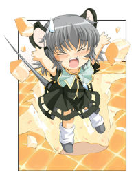 Rule 34 | &gt; &lt;, 1girl, animal ears, arms up, cheese, closed eyes, female focus, food, grey hair, jewelry, mouse ears, mouse tail, nazrin, outstretched arms, pendant, seminoyu, short hair, solo, tail, touhou