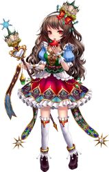 Rule 34 | 1girl, alcazar of segovia (oshiro project), apple, black footwear, brown hair, dress, food, frilled dress, frilled skirt, frills, fruit, full body, hair ornament, hair ribbon, holding, holding food, holding fruit, holding staff, long hair, looking at viewer, o-satomi, official art, oshiro project:re, oshiro project:re, red eyes, ribbon, skirt, solo, staff, transparent background, white legwear