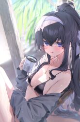 Rule 34 | 1girl, bags under eyes, beach, bikini, black bikini, black hair, blue archive, blue eyes, blue hairband, blush, breasts, cardigan, collarbone, cup, grey cardigan, hair between eyes, hairband, harui (hr x9 ), highres, holding, holding cup, jewelry, long hair, looking at viewer, medium breasts, necklace, outdoors, ponytail, solo, sweat, swimsuit, ui (blue archive), ui (swimsuit) (blue archive)