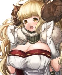 Rule 34 | 1girl, ahoge, anila (granblue fantasy), blonde hair, blush, breasts, brown eyes, clenched hands, draph, fur trim, gloves, granblue fantasy, highres, horns, large breasts, maou (maoudaisukiya), open mouth, sheep horns, solo, thick eyebrows, upper body, white background, white gloves