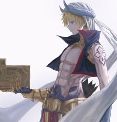 Rule 34 | 1boy, absurdres, arabian clothes, blonde hair, cropped vest, earrings, fate/grand order, fate (series), gauntlets, gilgamesh, gilgamesh (caster) (fate), gilgamesh (fate), hat, highres, holding, jewelry, male focus, red eyes, shitodo mi, short hair, single gauntlet, solo, stone tablet, tattoo, turban, vest
