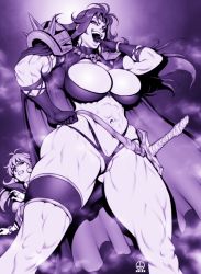 Rule 34 | 2girls, armor, breasts, cape, cleavage cutout, cleft of venus, clothing cutout, dairoku tenma, earrings, gloves, huge breasts, jewelry, laughing, lina inverse, monochrome, multiple girls, muscular, muscular female, naga the serpent, necklace, ojou-sama pose, open mouth, sheath, sheathed, shoulder armor, shoulder spikes, skull necklace, slayers, spikes, sword, teeth, thick thighs, thighlet, thighs, thong, weapon, wedgie