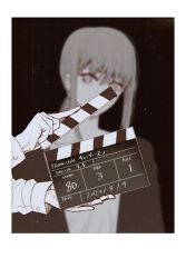 Rule 34 | 1girl, 1other, blurry, blurry background, border, chainsaw man, clapperboard, depth of field, head out of frame, head tilt, highres, holding, hoshi san 3, long hair, looking at viewer, low ponytail, makima (chainsaw man), ponytail, white border