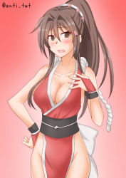 Rule 34 | 1girl, anti (untea9), breasts, brown hair, cherry blossoms, cleavage, commentary request, cosplay, cowboy shot, fatal fury, flower, folded fan, folding fan, gauntlets, gradient background, hair flower, hair ornament, hand fan, high ponytail, highres, kantai collection, large breasts, long hair, looking at viewer, ponytail, red background, revealing clothes, shiranui mai, shiranui mai (cosplay), solo, sweat, the king of fighters, twitter username, yamato (kancolle)