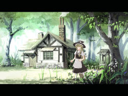 Rule 34 | 1girl, apron, black skirt, blonde hair, bow, braid, broom, building, chimney, door, dress, closed eyes, female focus, fireplace, flower, forest, frilled skirt, frills, fume, hair bow, hat, house, kirisame marisa, landscape, letterboxed, long hair, nature, open mouth, outdoors, scenery, seo tatsuya, shirt, skirt, smoke, solo, standing, touhou, tree, waist apron, well, white bow, white legwear, white shirt, window, witch hat