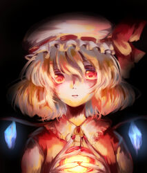 Rule 34 | 1girl, amanoru mozuku, black background, blonde hair, bow, collared shirt, crystal, dark background, flandre scarlet, frilled shirt collar, frills, glowing, glowing wings, hair between eyes, hat, hat bow, hat ribbon, highres, looking at viewer, medium hair, mob cap, nail polish, open mouth, red bow, red eyes, red nails, red ribbon, red vest, ribbon, ribbon-trimmed headwear, ribbon trim, shirt, solo, steepled fingers, touhou, upper body, vest, white hat, white shirt, wings