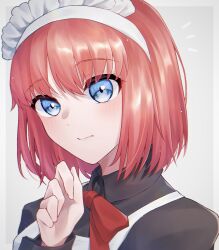 Rule 34 | 1girl, 625chin, apron, black dress, blue eyes, blush, closed mouth, collared dress, commentary request, dress, highres, hisui (tsukihime), long sleeves, looking at viewer, maid, maid apron, maid headdress, neck ribbon, red hair, red ribbon, ribbon, short hair, solo, tsukihime, upper body, white apron