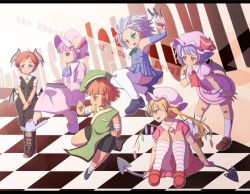 Rule 34 | 6+girls, alternate hair length, alternate hairstyle, ascot, bad id, bad pixiv id, bandages, bare shoulders, bat wings, blonde hair, blue eyes, blue hair, book, boots, bow, braid, checkered floor, crescent, dress, female focus, flandre scarlet, floor, green eyes, hair bow, hat, hat ribbon, head wings, highres, hong meiling, izayoi sakuya, knife, koakuma, laevatein, letterboxed, long sleeves, maid, maid headdress, mimiru (mimill), multiple girls, necktie, open mouth, patchouli knowledge, purple eyes, purple hair, red eyes, red hair, remilia scarlet, ribbon, short hair, side ponytail, silver hair, skirt, smile, socks, striped clothes, striped legwear, striped socks, thighhighs, touhou, twin braids, white legwear, wings