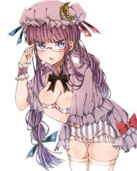 Rule 34 | 1girl, adapted costume, adjusting eyewear, alternate costume, alternate hairstyle, bad id, bad pixiv id, bespectacled, black bow, black bowtie, blue eyes, blue ribbon, blunt bangs, blush, bow, bowtie, braid, breast hold, breasts, capelet, cleavage, cowboy shot, crescent, crescent hair ornament, dress, eyebrows, frills, glasses, hair ornament, hair ribbon, heart, heart print, highres, leaning forward, long hair, looking at viewer, open mouth, patchouli knowledge, purple eyes, purple hair, re-ka, red bow, red ribbon, ribbon, semi-rimless eyewear, simple background, solo, star (symbol), star print, strapless, strapless dress, striped clothes, striped dress, thigh gap, thighhighs, touhou, triangle, twin braids, twintails, under-rim eyewear, vertical-striped clothes, vertical-striped dress, very long hair, white background, white thighhighs, wrist cuffs
