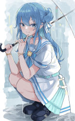 Rule 34 | 1girl, absurdres, bare legs, black footwear, blouse, blue hair, blue ribbon, bracelet, earrings, elbows on knees, finger to mouth, hair between eyes, hair ribbon, highres, holding, holding umbrella, hololive, hoshimachi suisei, hoshimachi suisei (school uniform), jewelry, long hair, looking at viewer, neck ribbon, neckerchief, parted lips, pineapple (pine), pleated skirt, rain, ribbon, sailor collar, school uniform, serafuku, shirt, shoes, short sleeves, signature, skirt, smile, solo, squatting, star (symbol), star in eye, symbol in eye, umbrella, uniform, virtual youtuber, white sailor collar, white shirt, white skirt
