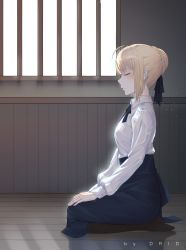 Rule 34 | 1girl, absurdres, ahoge, artist name, artoria pendragon (all), artoria pendragon (fate), black bow, black pantyhose, blonde hair, blue neckwear, blue skirt, blush, bow, braid, closed eyes, collared shirt, dojo, drid, fate/stay night, fate (series), french braid, from side, hair bow, hands on own knees, highres, indoors, long sleeves, on floor, pantyhose, profile, saber (fate), seiza, shirt, short hair, sitting, skirt, solo, white shirt, wooden floor