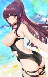 Rule 34 | 1girl, ass, backless outfit, backless swimsuit, beach, black bow, black choker, black one-piece swimsuit, blush, bow, braid, breasts, breasts out, choker, clothes pull, clothing cutout, day, ero waifu, frown, girls&#039; frontline, hair bow, large breasts, long hair, looking at viewer, looking back, nipples, ocean, official alternate costume, one-piece swimsuit, one-piece swimsuit pull, outdoors, petals, ponytail, purple bow, purple hair, red eyes, side cutout, solo, strapless, strapless one-piece swimsuit, swimsuit, thigh strap, wa2000 (girls&#039; frontline), wa2000 (op. manta ray) (girls&#039; frontline), water drop