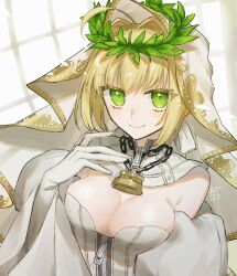 Rule 34 | 1girl, absurdres, ageharuuu, ahoge, bare shoulders, blonde hair, blush, breasts, chain, cleavage, detached collar, detached sleeves, elbow gloves, fate/extra, fate/extra ccc, fate/grand order, fate (series), flower wreath, gloves, green eyes, hair between eyes, hair intakes, head wreath, highres, large breasts, leotard, lock, long hair, looking at viewer, nero claudius (bride) (fate), nero claudius (bride) (second ascension) (fate), nero claudius (fate), nero claudius (fate) (all), padlock, puffy sleeves, smile, solo, veil, white gloves, white leotard, wide sleeves, zipper, zipper pull tab