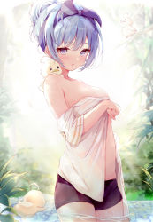 Rule 34 | 1girl, absurdres, ahoge, bad id, bad pixiv id, bang (gesture), bare shoulders, bird, black shorts, blue hair, blush, bow, breasts, collarbone, commentary request, day, duck, finger gun, fusuma (ramunezake), hair bow, hairband, highres, huge filesize, medium breasts, medium hair, nature, off-shoulder shirt, off shoulder, original, outdoors, parted lips, pink eyes, plant, purple bow, purple hairband, shirt, shorts, solo, wading, white shirt