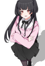 Rule 34 | 1girl, black bow, black bowtie, black footwear, black hair, black pantyhose, black skirt, bow, bowtie, breasts, brown eyes, buttons, crossed arms, dot nose, frilled shirt, frilled shirt collar, frills, highres, idolmaster, idolmaster shiny colors, long hair, long sleeves, looking at viewer, mayuzumi fuyuko, medium breasts, open mouth, pantyhose, pink shirt, pleated skirt, raichita, shadow, shirt, sidelocks, simple background, skirt, sleeves past wrists, solo, standing, two side up, white background
