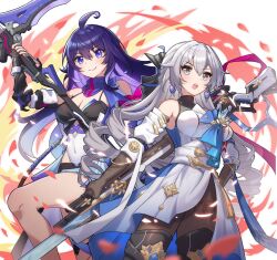 Rule 34 | 2girls, ahoge, bare legs, blue eyes, blue hair, breasts, bronya rand, brown gloves, cleavage, closed mouth, commentary, detached sleeves, earrings, english commentary, gloves, grey eyes, grey hair, gun, hand on own hip, holding, holding gun, holding scythe, holding weapon, honkai: star rail, honkai (series), jewelry, medium breasts, multiple girls, open mouth, saylamars, scythe, seele (honkai: star rail), smile, weapon, white sleeves