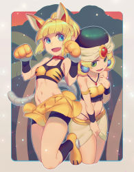 Rule 34 | 2girls, animal ears, animal hands, armlet, bare arms, bare shoulders, bike shorts, blonde hair, blue eyes, blunt bangs, bracelet, breasts, capcom, cat tail, choker, cleavage, commentary request, cropped legs, earrings, fang, female focus, gloves, green eyes, hat, high ponytail, jewelry, kalinka cossack (mega man), leg up, mega man (classic), mega man (series), mega man 4, midriff, miniskirt, multiple girls, navel, necklace, open mouth, paw gloves, paw pose, ponytail, roll (mega man), rotix, shorts, shorts under skirt, skirt, small breasts, smile, tail, yellow footwear