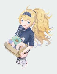 Rule 34 | 1girl, alternate costume, alternate hairstyle, blonde hair, blue eyes, blue shirt, boots, box, breast pocket, breasts, buttons, cardboard box, carrying, collared shirt, commentary request, emia wang, enemy lifebuoy (kancolle), from above, full body, gambier bay (kancolle), grey background, hair between eyes, hairband, high ponytail, kantai collection, large breasts, lawson, long hair, looking at viewer, name tag, open mouth, pocket, ponytail, shirt, short sleeves, sidelocks, solo, thigh boots, thighhighs, white thighhighs