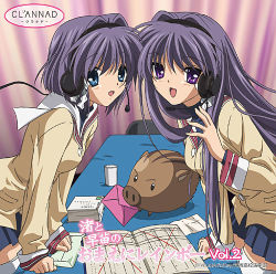 Rule 34 | 00s, 2girls, album cover, animal, blue eyes, boar, botan (clannad), clannad, cover, cup, curtains, fujibayashi kyou, fujibayashi ryou, headphones, headset, letter, long hair, lowres, mouth hold, multiple girls, notebook, official art, postcard, purple eyes, purple hair, radio booth, school uniform, short hair, siblings, sisters, table, twins