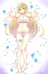 Rule 34 | 1girl, arms up, bare shoulders, bed, bed sheet, blonde hair, blue flower, blue rose, blush, bra, breasts, chest jewel, cleavage, collarbone, daive, diadem, earrings, facing viewer, female focus, flower, full body, gem, highres, jewelry, large breasts, leglet, legs, long hair, looking at viewer, lying, matching hair/eyes, mythra (xenoblade), navel, nintendo, no nose, outstretched arms, panties, petals, rose, rose petals, shiny skin, skindentation, smile, solo, swept bangs, thigh strap, tiara, underwear, very long hair, white bra, white panties, xenoblade chronicles (series), xenoblade chronicles 2, yellow eyes
