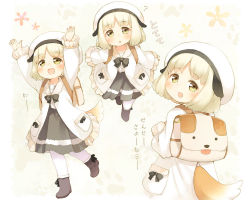Rule 34 | 1girl, :d, :o, animal ears, arms up, backpack, bag, blonde hair, blush, boots, brown eyes, child, dog ears, dog tail, hat, kito (sorahate), looking at viewer, looking back, multiple views, open mouth, original, pantyhose, pocket, short hair, smile, tail, translation request, white pantyhose