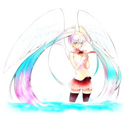 Rule 34 | 1girl, aqua hair, bad id, bad pixiv id, hatsune miku, long hair, sapphire (nine), simple background, skirt, smile, solo, twintails, very long hair, vocaloid, wading, water, white background, wings, yellow eyes